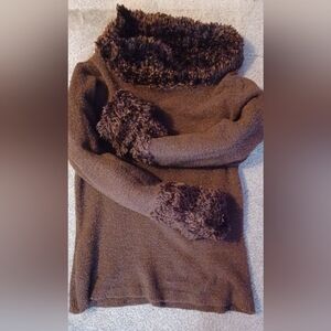 Chocolate Brown Sweater  Boucle Trimmed Cuff and Collar
